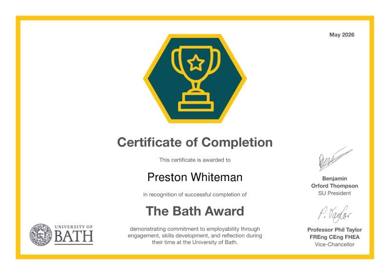 Bath Award certificate awarded to Preston Whiteman in May 2026